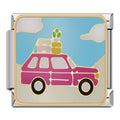 Charm Voiture Rose avec Valises sur Fond Bleu — photo du produit