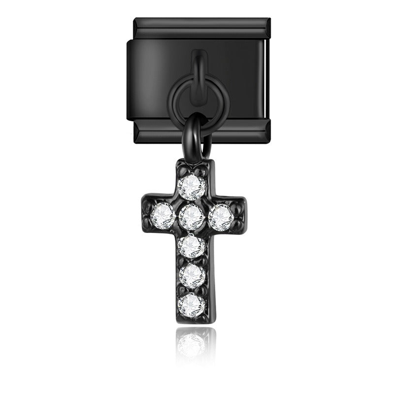 Pendentif Croix Noire et Pierres Blanches