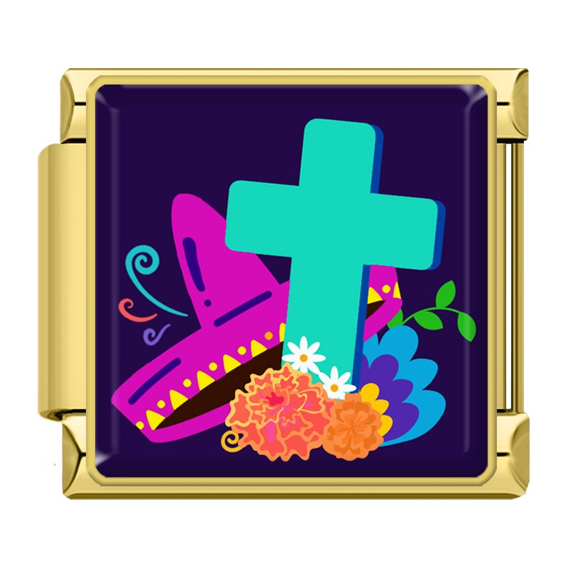 Charm Croix Turquoise et Fleurs — Doré | Lymette