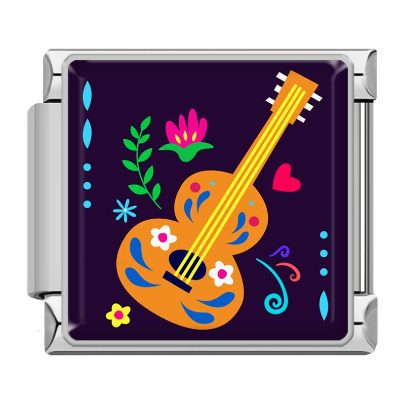 Charm Guitare Orange Fleurie — Argenté | Lymette